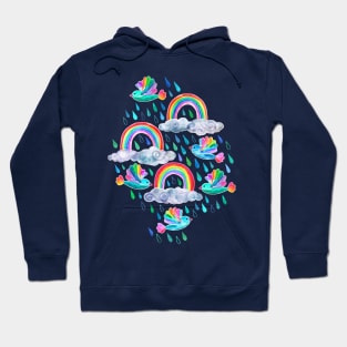 Spring Showers and Rainbow Birds on Navy Blue Hoodie